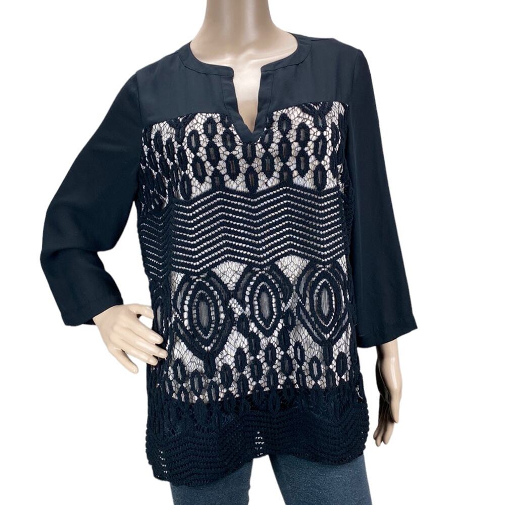 Zac & Rachel Black Mesh Lace Split Neck Tunic Top M